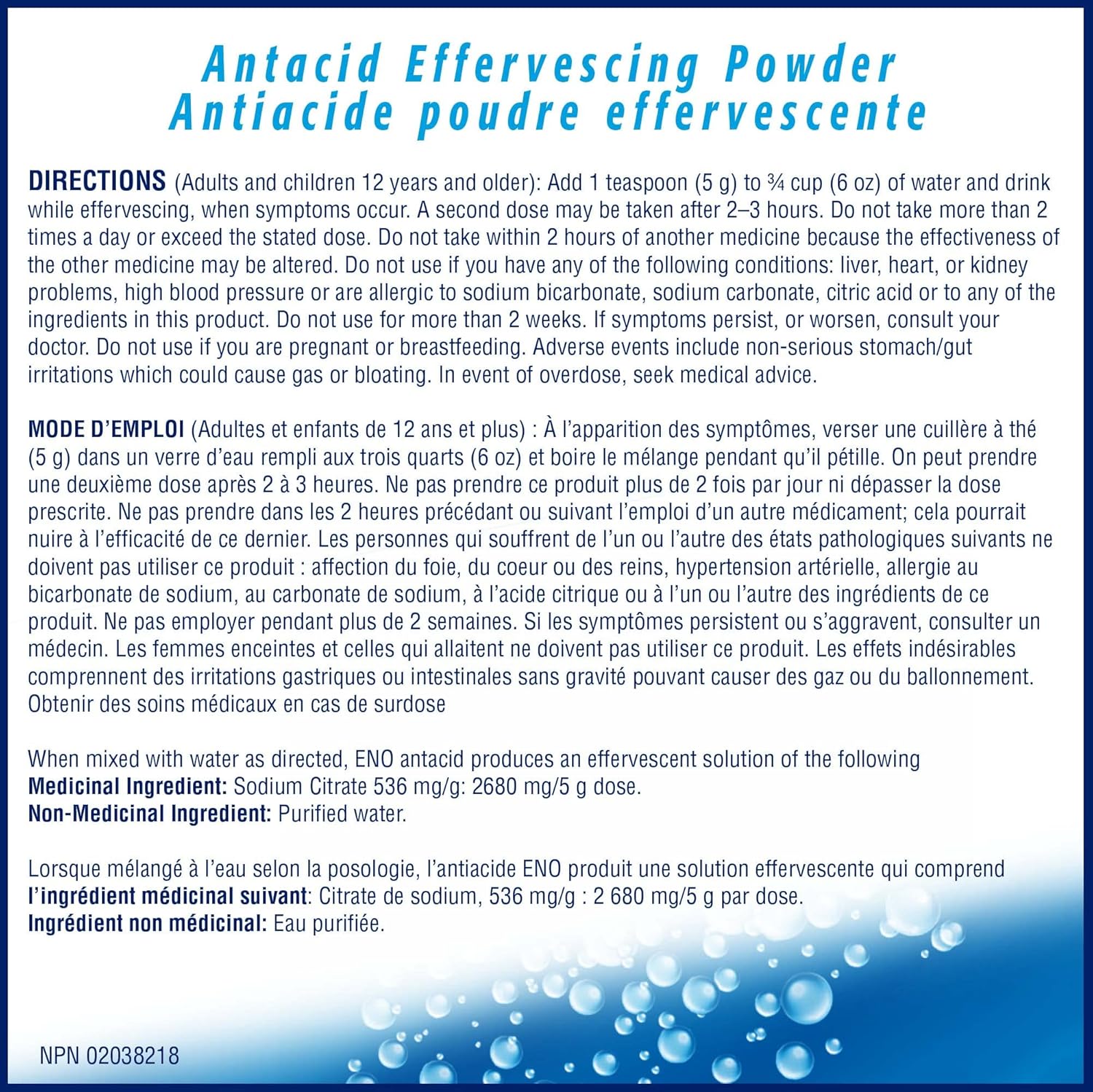 ENO Antacid Powder - Back label with directions and ingredients
